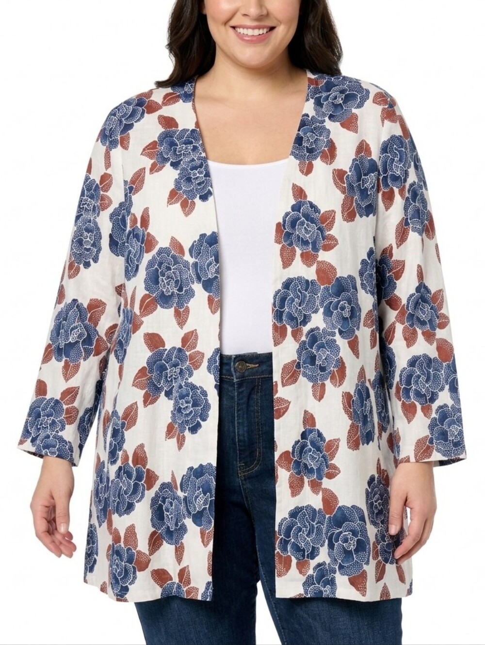 Andrea Jovine Woman Linen Jacket 24 Plus Floral Open Front Cardigan Blazer Vtg